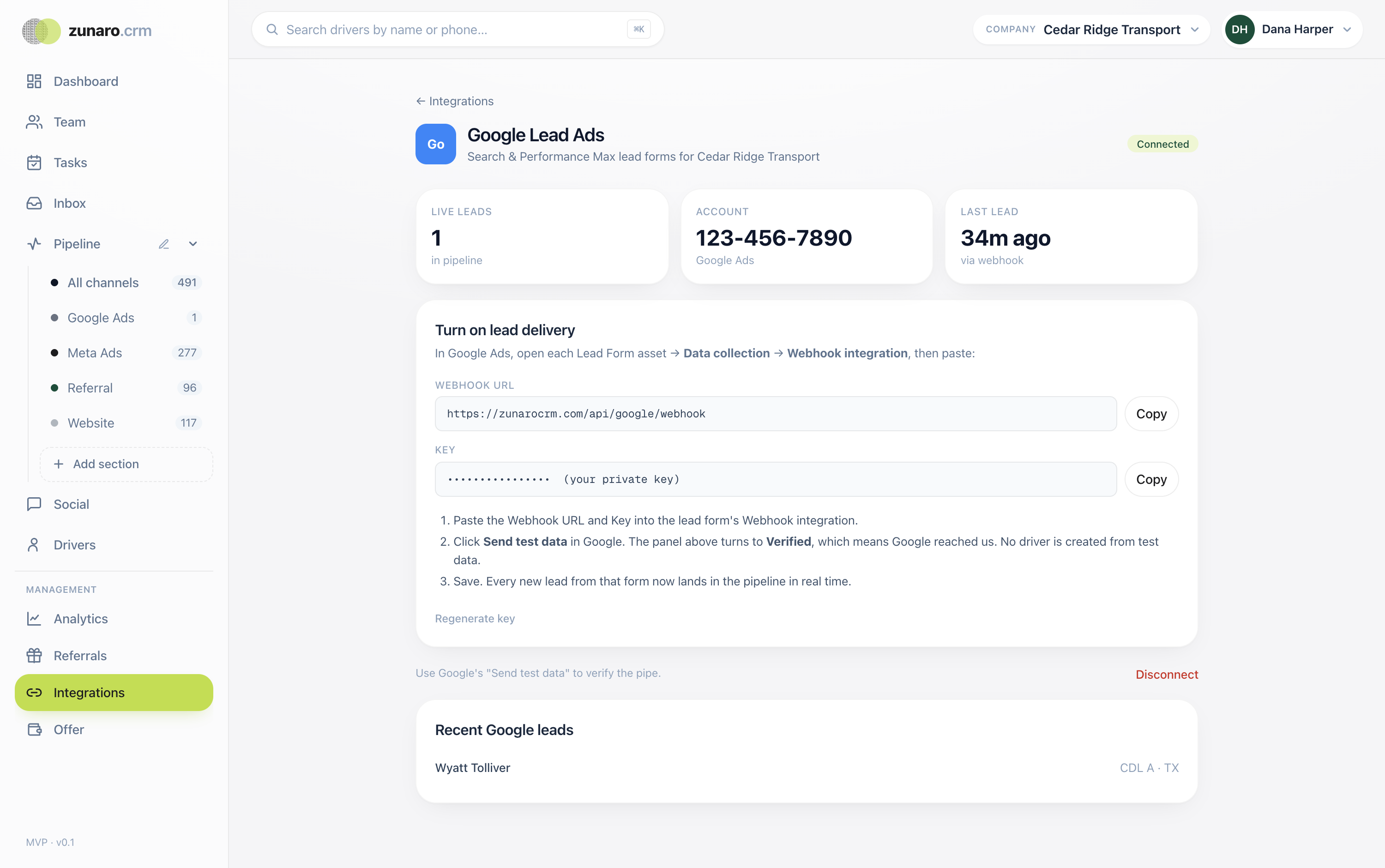 The Google Ads integration screen inside Zunaro, showing the webhook URL and key a carrier pastes into their lead form